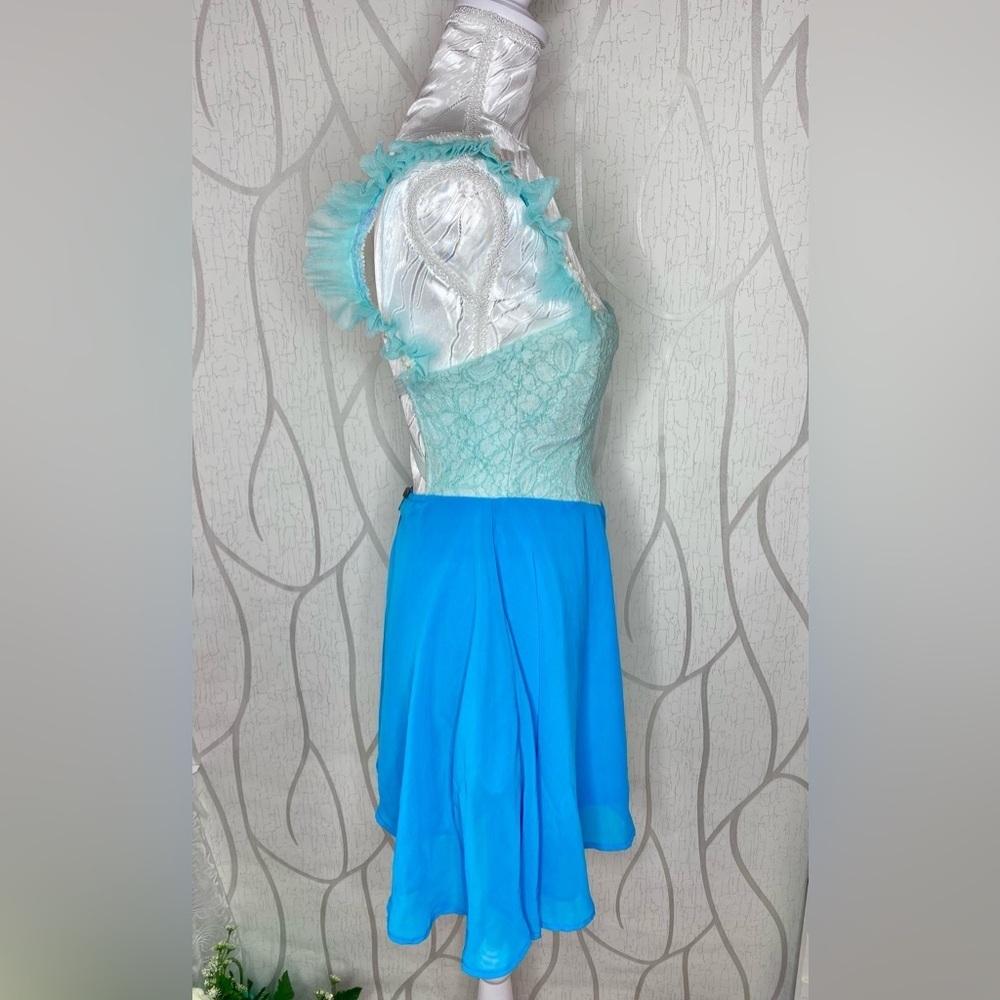 🎀🍒 Blue Green Lace Colourblock Contrast A Line Dress 🍒🎀 Pearl Ruffle Trim Straps - Picture 10 of 13